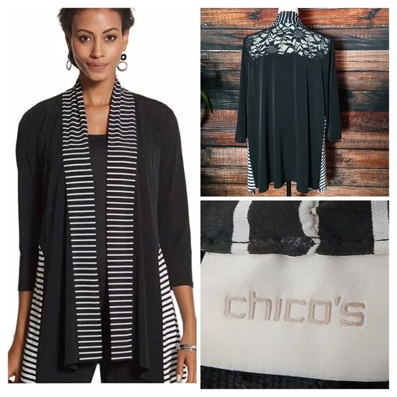 Chico's Cardigan Top Size 3 US XL Petite Open Front Lace Black White Striped - Picture 1 of 11